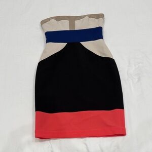 BCBGMaxAzria Strapless Dress in Black, Blue, and Red